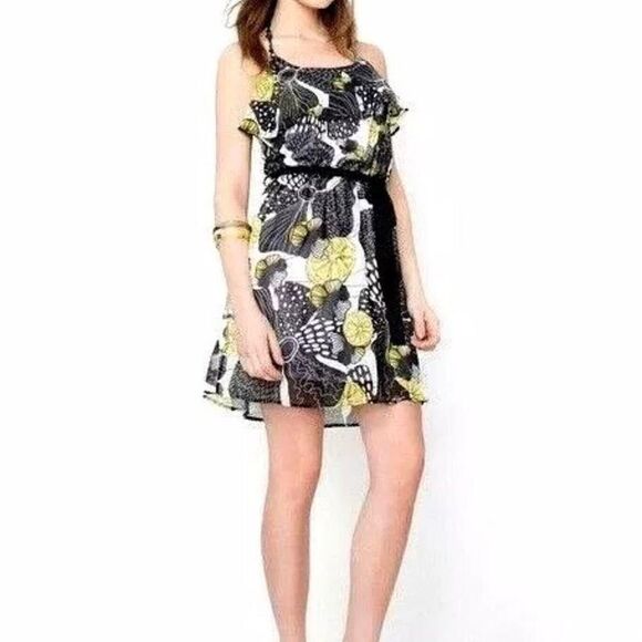 Desigual Anna Lemon Floral Ruffle Halter Neck Dress Size 10 - Picture 1 of 10